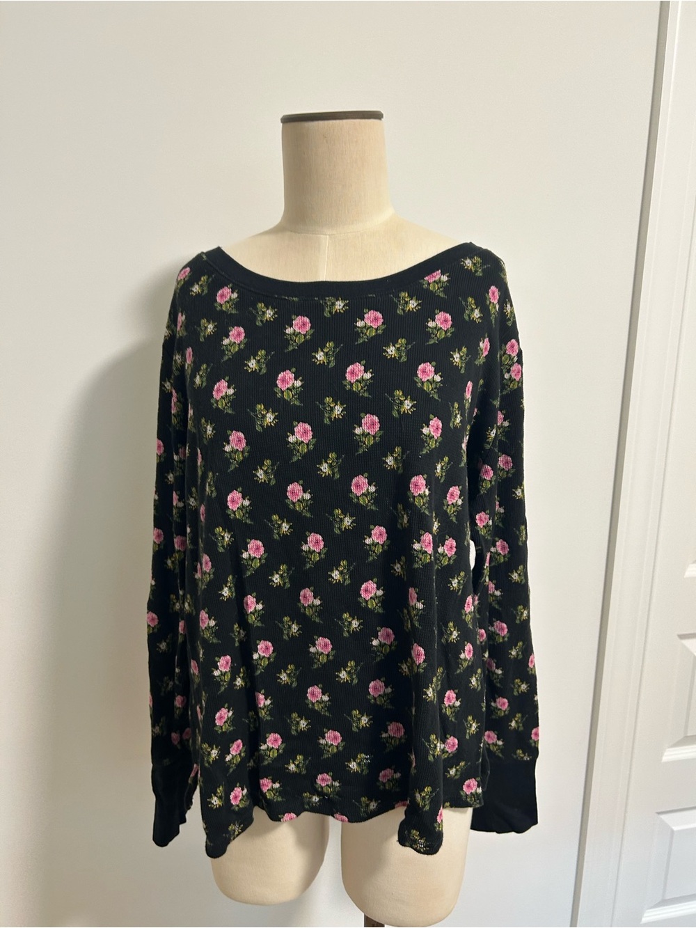 Victoria’s Secret Black Long-Sleeve Top with Pink Rose Print